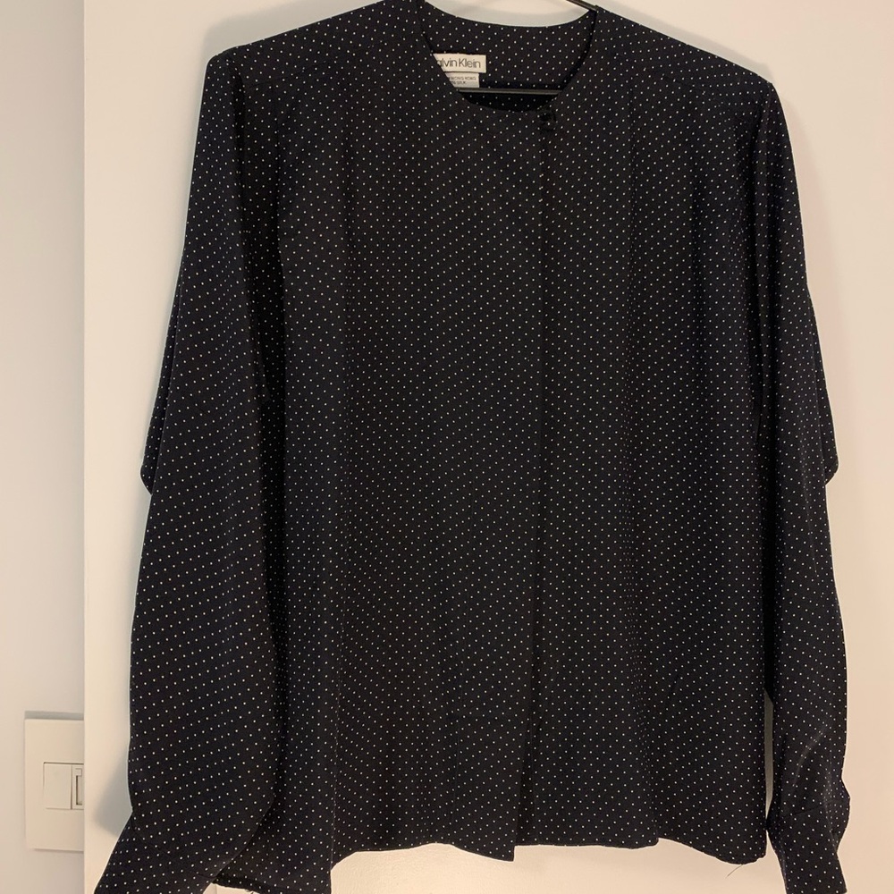 Vintage 90s Calvin Klein Black and White Dotted Silk Blouse